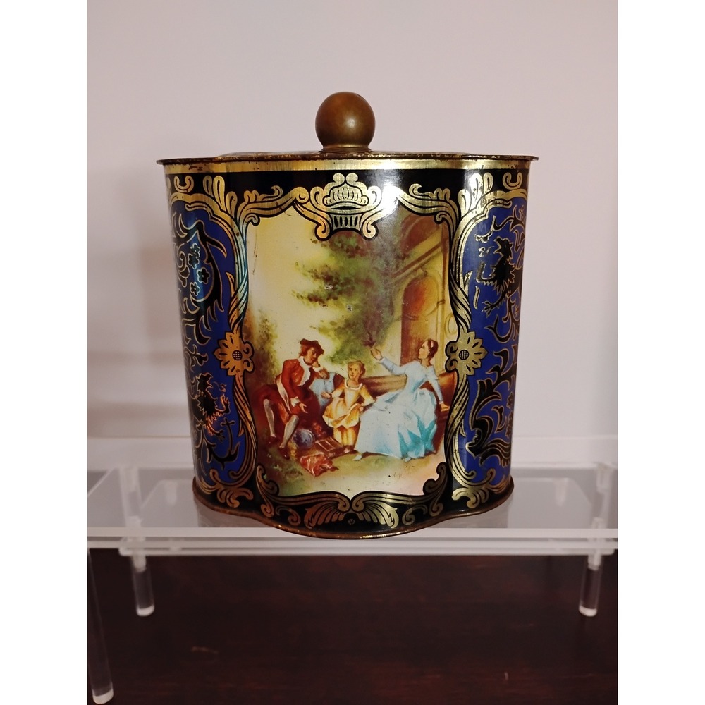 Vintage Western Germany Tin Fragonard Courtyard Scene Blue Gold Heraldic Lion 6"